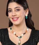 Green & cream drop earring with pearls &  natural stones