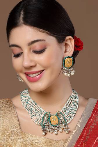 Green & orange drop earring with pearls &  natural stones