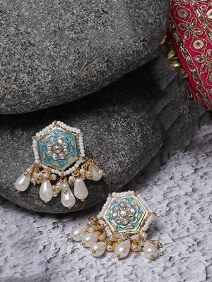 Blue & peach drop earring with american diamonds &  pearls 2