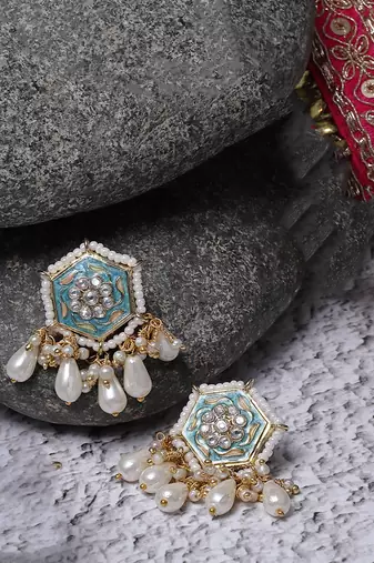 Blue & peach drop earring with american diamonds &  pearls