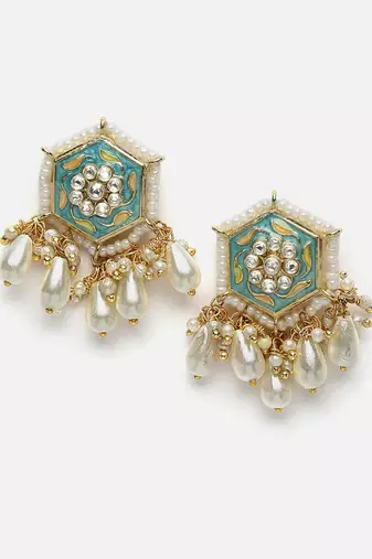 Blue & peach drop earring with american diamonds &  pearls