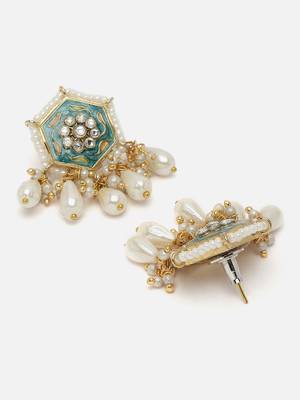 Blue & peach drop earring with american diamonds &  pearls 4