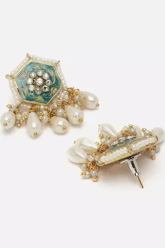 Blue & peach drop earring with american diamonds &  pearls