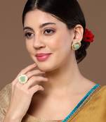 Green & cream stud earring with kundan &  pearls