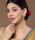 Pink & cream stud earring with kundan &  pearls