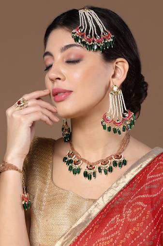 Pink & green adjustable bracelet with kundan &  pearls