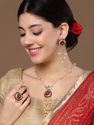Maroon & cream adjustable ring with kundan &  pearls 1