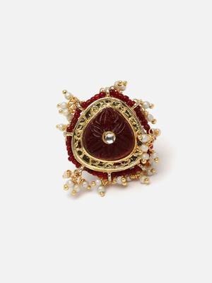 Maroon & cream adjustable ring with kundan &  pearls 3