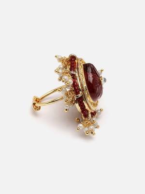 Maroon & cream adjustable ring with kundan &  pearls 4