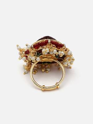 Maroon & cream adjustable ring with kundan &  pearls 5