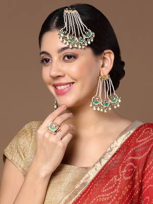 Green & cream passa head jewellery with kundan &  pearls 1