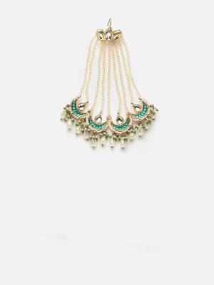 Green & cream passa head jewellery with kundan &  pearls 3