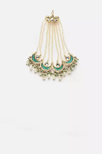 Green & cream passa head jewellery with kundan &  pearls