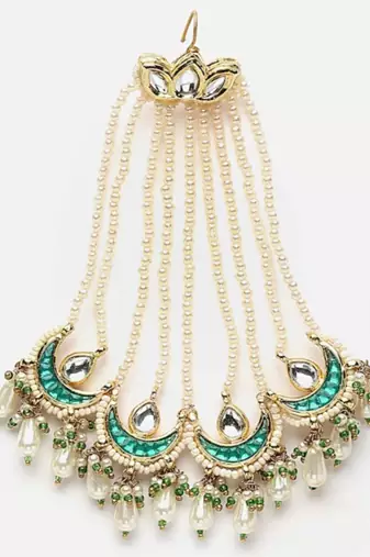 Green & cream passa head jewellery with kundan &  pearls