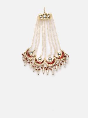 Red & cream passa head jewellery with kundan &  pearls 3