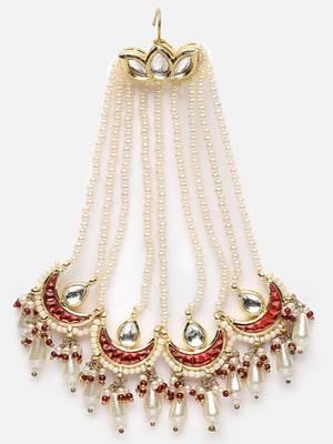 Red & cream passa head jewellery with kundan &  pearls 4