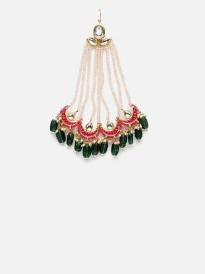 Pink & green passa head jewellery with kundan &  pearls 3