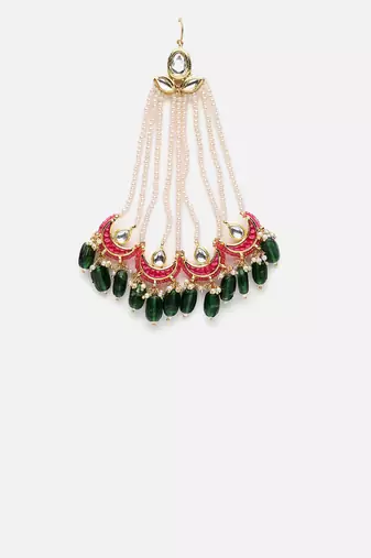 Pink & green passa head jewellery with kundan &  pearls