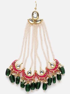 Pink & green passa head jewellery with kundan &  pearls 4