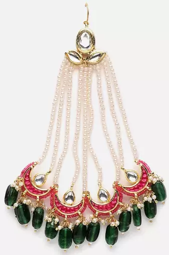 Pink & green passa head jewellery with kundan &  pearls