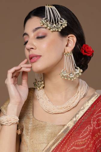 Cream & orange layered necklace with pearls &  natural stones