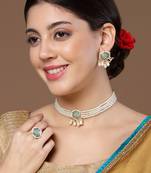 Blue & green chokar necklace with american diamonds &  pearls