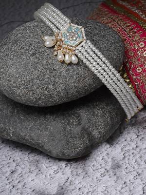 Blue & green chokar necklace with american diamonds &  pearls 2