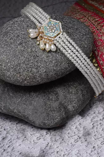 Blue & green chokar necklace with american diamonds &  pearls