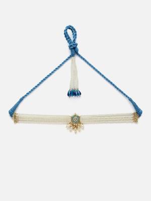 Blue & green chokar necklace with american diamonds &  pearls 3