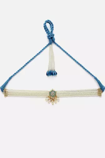 Blue & green chokar necklace with american diamonds &  pearls