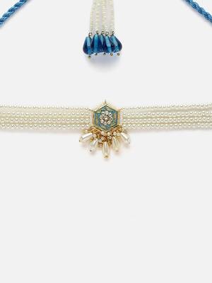 Blue & green chokar necklace with american diamonds &  pearls 4