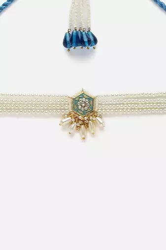 Blue & green chokar necklace with american diamonds &  pearls