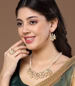 Cream & green haar necklace with kundan &  pearls