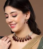 Maroon & gold haar necklace with kundan &  pearls