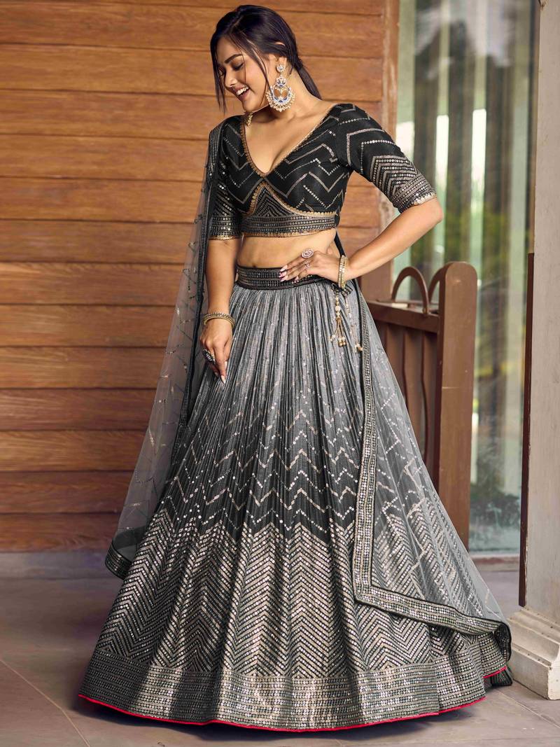 Superb Black Sequins Chinon Events Wear Lehenga Choli With Dupatta