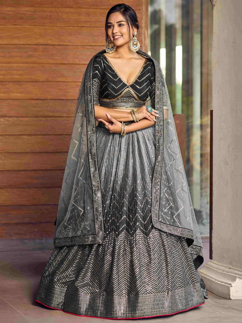 Superb Black Sequins Chinon Events Wear Lehenga Choli With Dupatta