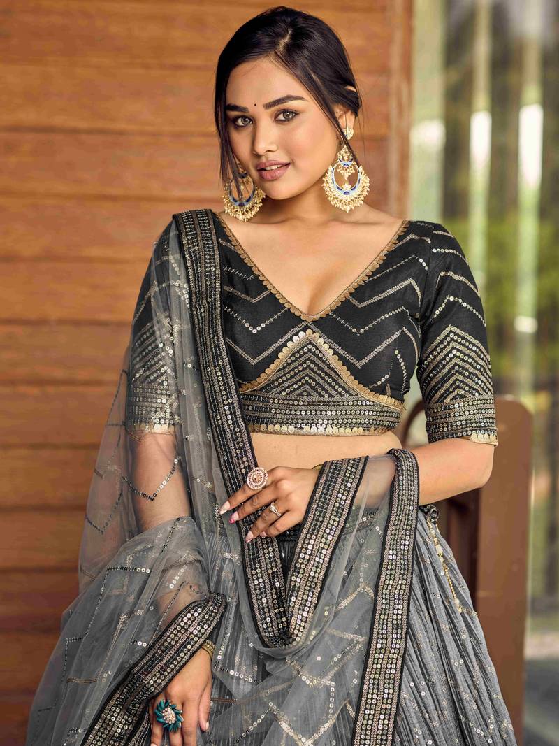 Superb Black Sequins Chinon Events Wear Lehenga Choli With Dupatta