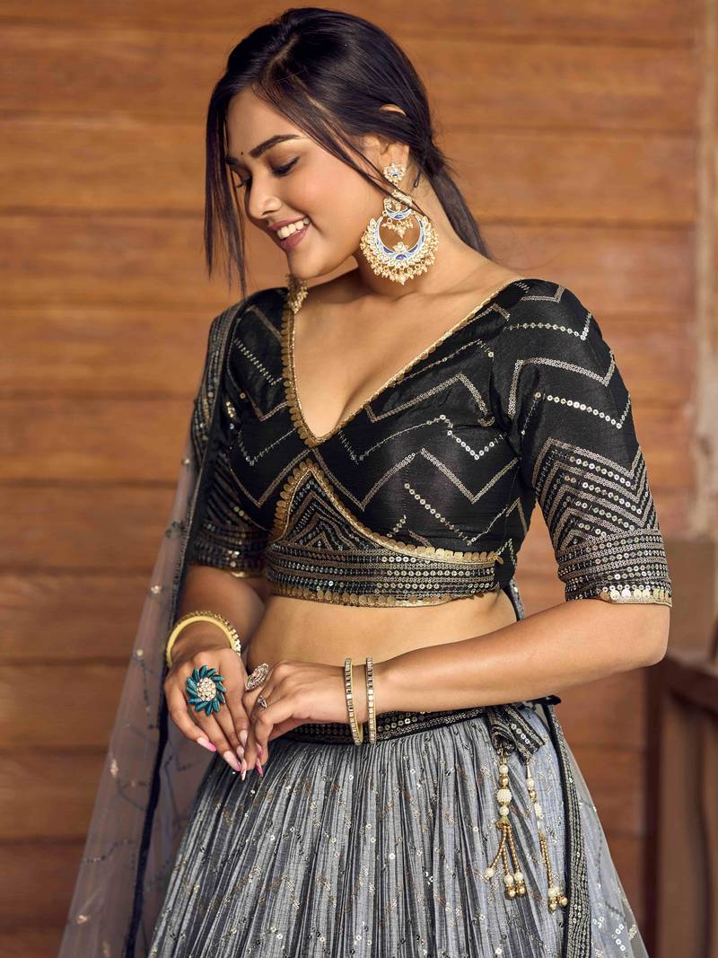 Superb Black Sequins Chinon Events Wear Lehenga Choli With Dupatta