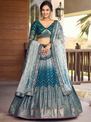 Awesome Teal Blue Sequins Chinon Sangeet Wear Lehenga Choli With Dupatta 1