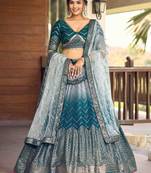 Awesome Teal Blue Sequins Chinon Sangeet Wear Lehenga Choli With Dupatta