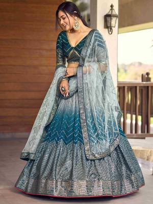 Awesome Teal Blue Sequins Chinon Sangeet Wear Lehenga Choli With Dupatta 2