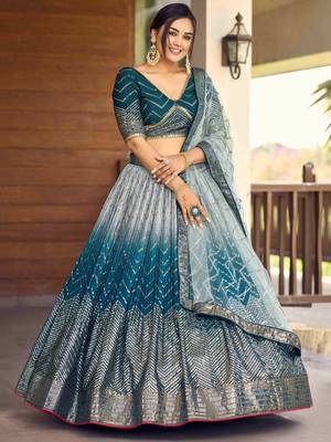 Awesome Teal Blue Sequins Chinon Sangeet Wear Lehenga Choli With Dupatta 3
