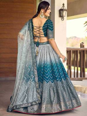 Awesome Teal Blue Sequins Chinon Sangeet Wear Lehenga Choli With Dupatta 4