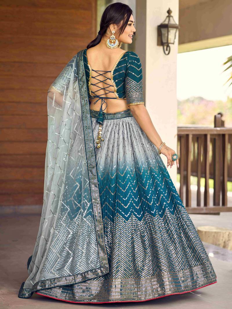 Awesome Teal Blue Sequins Chinon Sangeet Wear Lehenga Choli With Dupatta