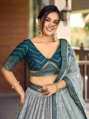 Awesome Teal Blue Sequins Chinon Sangeet Wear Lehenga Choli With Dupatta 5
