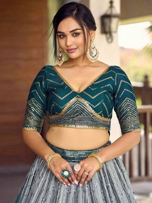 Awesome Teal Blue Sequins Chinon Sangeet Wear Lehenga Choli With Dupatta 6