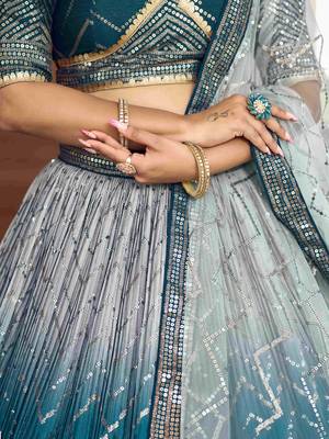 Awesome Teal Blue Sequins Chinon Sangeet Wear Lehenga Choli With Dupatta 8