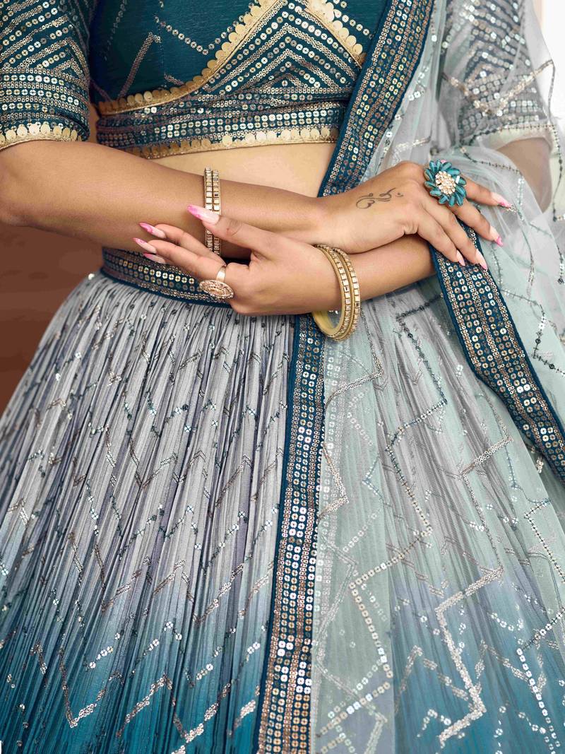 Awesome Teal Blue Sequins Chinon Sangeet Wear Lehenga Choli With Dupatta