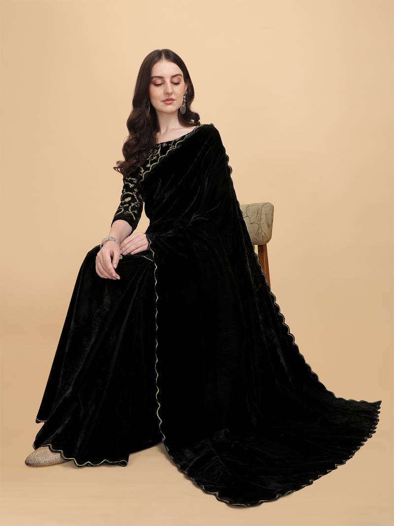 Solid/Plain Bollywood Velvet Saree  (Blue)