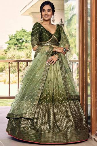 Wonderful Green Sequins Chinon Mehendi Wear Lehenga Choli